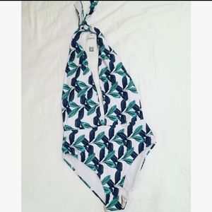 Zaful NWT White Leaf Print Halter One-piece Swim Size 8 Green Blue Swim Suit
